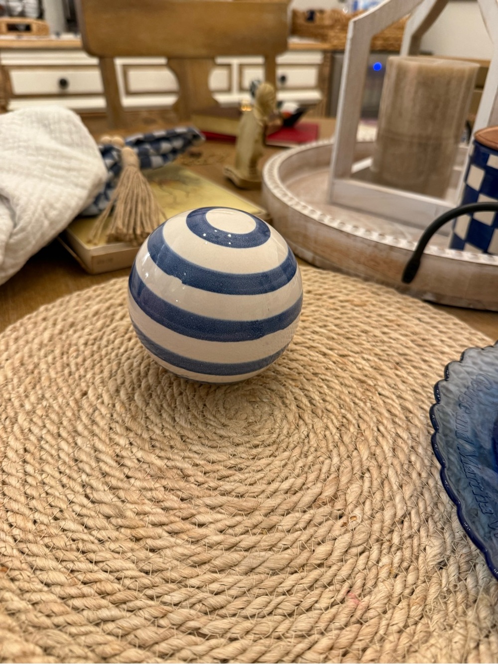 Source Unknown Blue and White Striped Ceramic Sphere